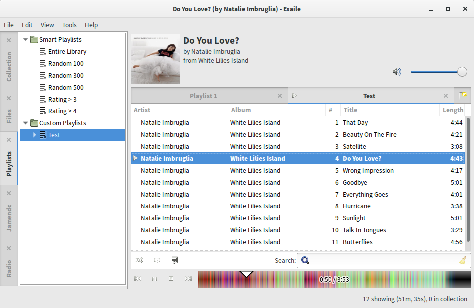 Exaile with Moodbar visualisation, in which the original seek bar is replaced by a colourful-looking bar